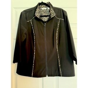 Chico's Zenergy Jacket Size 2 L Black Leopard Animal Print Trim Zip Up Mock Neck